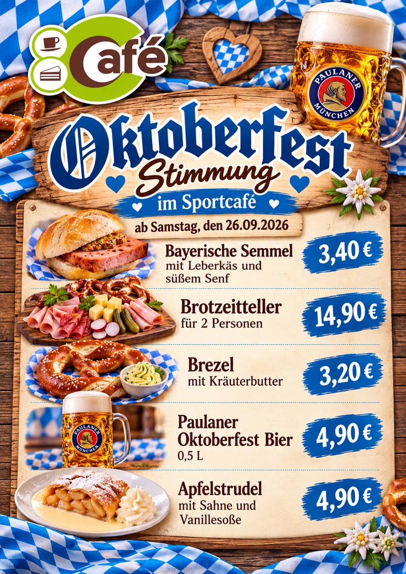 Oktoberfest-Stimmung im Sportcafé ab Samstag, den 26.09.2026