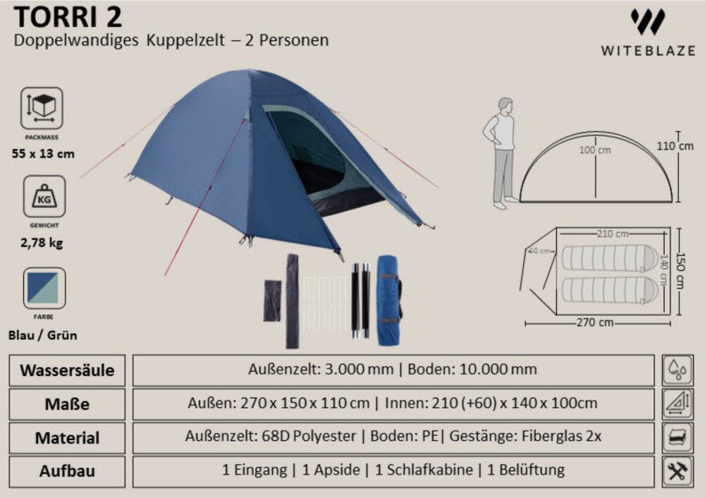 TORRI 2, Camping Tent,blau-grün